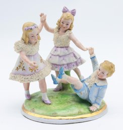 Vintage German Sitzendorf Dresden Lace Figurine, Depicting Three Little Children Playing Ring Around The Rosie