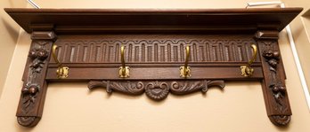 Large Antique And Quality Carved Wooden And Cast Bronze Wall Coat Rack
