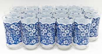 Vintage Libbey 23 Tumblers W/ Blue And White Lace Design Circa 1960s - Kitschy Glassware Blue And Whit