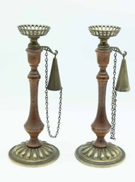 Dilly Wood Pewter Candle Stick Holders Pair With Snuffers Vintage