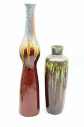Fat Lava Glaze Drip Vase Red/ Yellow And Brown & Drip Glaze Art Pottery Vase - Home Decor