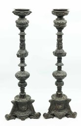 Antique Torcheres, Wood And Metal - Pair