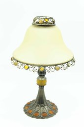 Unique Candle Lamp With Off White Shade And Amber Accent Glass Stones - Art Deco - Nouveau Vintage Home Lighti