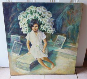 Oil On Canvas - Girl Holding Lily - No Signature