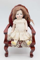 Antique Blue Eyed All Bisque 7' Doll, Joint Limbs - Miniature Doll Furniture Included