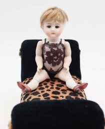 Antique All Bisque 6' Doll W/ Sleepy Eyes -  Markings: #5 On Leg - #1305 On Arm - Miniature Furniture Included