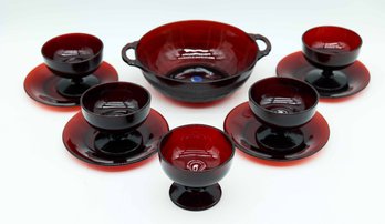 ANCHOR HOCKING, Coronation Royal Ruby Red, Fruit Bowl 6 Glasses 5 Saucers, Depression Glass/Art Deco