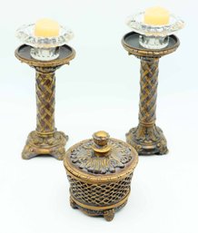 Vintage Candle Holders W/ Matching Trinket Box - Glass Tea Light Candle Holders Included