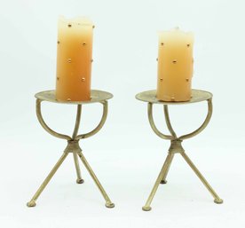 Pair Of Metal Pillar Candleholders W/ Decorative Candles Included