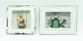 Vintage Shabby Chic Floral Shadow Box White Wood Frame - Set Of 2