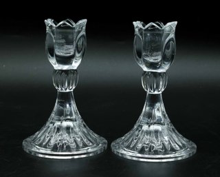 Set Of 2 Tulip Shaped Candle Holders, Tulip Spring Centerpiece, Glass Tulip Candlestick Holders, Vintage Cryst