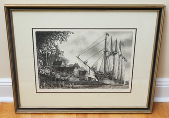 Vintage 1976 Signed Abstract Lithograph Ship Boat Port Village Settlers