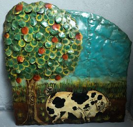 Large Metal Wall Decor - Spotted Pig Under Apple Tree - Large
