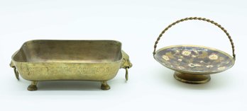 Vintage Brass & Enamel Handled Tray & Solid Brass Square Four Legs Bowl Boar Head Handles India