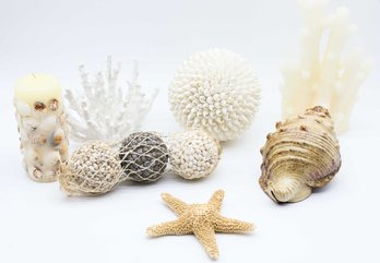 Nautical Candle, Starfish, White Bubble Decorative Shell Ball, Faux Coral, Nautical Decor