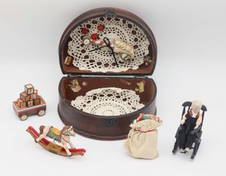 Antique Bisque W/ Miniatures, Rocking Chair, Wagon W/ Blocks, Music Toy Sack, Rocking Horse, Stallion Horse