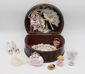 Doll House Miniatures W/ Wooden Decorative Box Included, Half Doll, Purse, Hat, Tea Set, Hand Fan And More