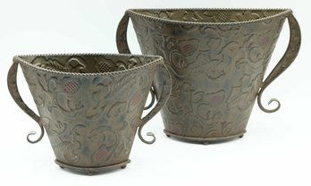 Vintage French Style Brown Embossed Leaves Planter/ Bucket - Pair