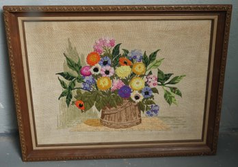 70s Crewel Embroidery Flower Bouquet In Basket Wall Art In Wood Frame