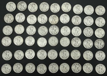 Walking Liberty Silver Half Dollars (54 Total) Dates Listed, See All Photos, Made Of 90 Silver And 10 Copper
