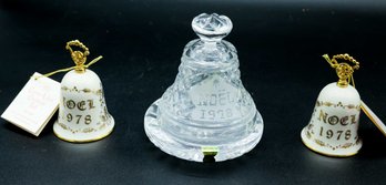 Waterford Crystal Noel 1978 Bell & Pair Of 1978 Gorham Fine China Currier & Ives Christmas Bells