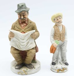 Porcelain Figurine Old Man Reading Newspaper & Vintage Porcelain Farmer Old Man Grandpa Picking Carrots
