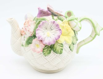 Vintage Flowered Fruit Teapot Hand Crafted Made In Italy Basket Weave - Hand Painted And Crafted W/ Love