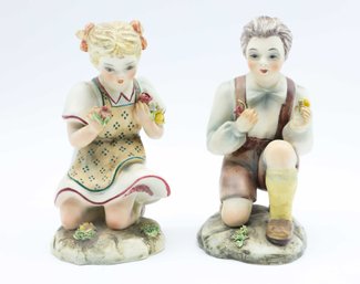 VTG Murmac Porcelain Italy Boy & Girl Figure Kneeling Holding Flower In Hand - Pair