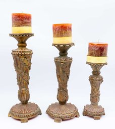 Exotic Carved Pillar Candle Holders - Metal - Heavy - Set Of 3