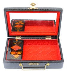 Old Japan Black Box - Wooden Lacquer Box - Lidded Lacquer Box Red Lined - Jewelry Box With Mirror - Mother Pea