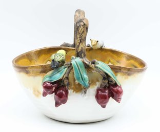 Vintage Ceramic Basket With Handle/Birds On Rim Dimensional Fruit/Leaves Design
