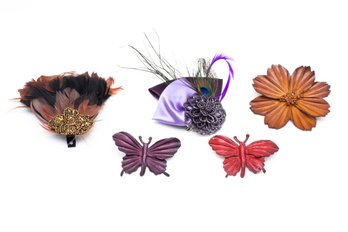 Vintage Feathered Brooches W/ Leather Pins, Butterflies &flower