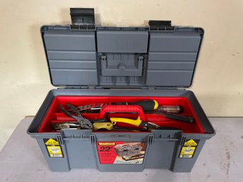Large Plastic Toolbox Filled W/ Assorted Tools & Sockets