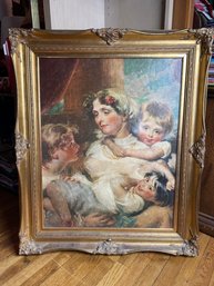 Large Vintage Print - Ornate Frame - Adoring Mother & 3 Children, Old Master Painting-style