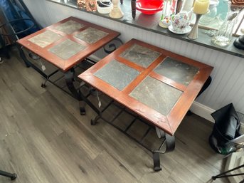 Metal& Solid Wood Trim W/colored Slate Tile End Tables