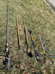 Lot Of Assorted Yard Tools - Saw, Shovel, Pick Ax, Tiller