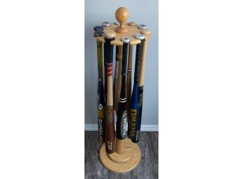 Wooden Bat Stand - 10 Assorted Baseball Bats Included - Metal & Wood - H41' X L11'