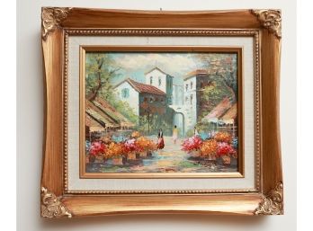 Stunning Framed And Matted Oil On Cavas, Signed - Woman Walking Through Marketplace