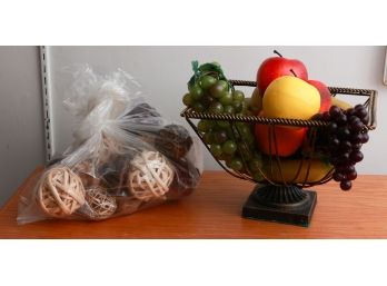 Charming Decorative Metal Pedestal Bowl W/ Faux Fruit & Rattan Twig Balls