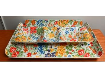 11 Piece Plastic Floral Table Ware Set - 2 Trays - 6 Bowls - 1 Napkin Holder - Large Bowl - Dipping Dish