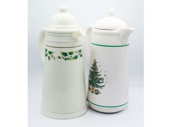Pair Of NIKKO Thermal Carafe Christmas Tree & Vintage Caldor Glass Lined Holiday Holly Leaf Carafe