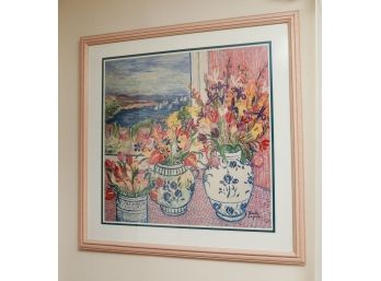 Print Of Floral Painting Titled Harbor Still Life By Leslie Sayour, Large,  Framed