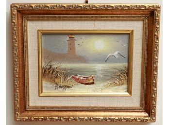 Vintage Original Oil On Canvas Seascape Painting, Framed Matted And Signed B. Duggan