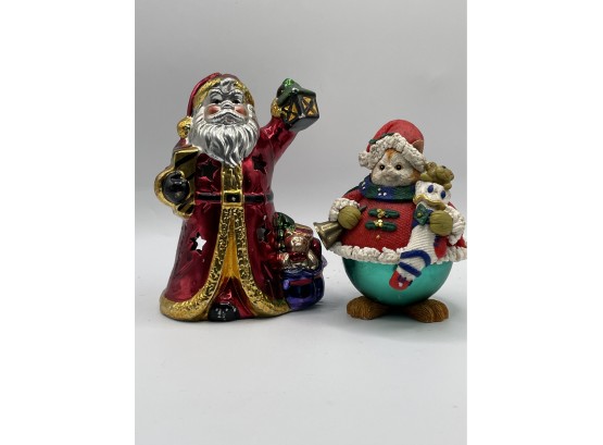 1980s Ceramic Hand Painted Metallic Santa Claus & Ceramic Christmas Figurine