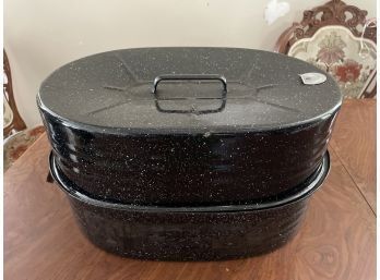 Vintage Roasting Pan W/ Lid And Insert - Granite Ware - Black Enameled