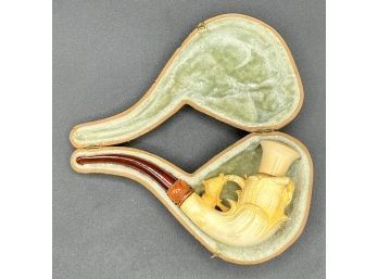 Wood Floral Tobacco Pipe In Case
