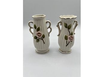 Vintage Enesco Bud Vase W/Pink Rose & Gold Trim  (lot Of 2)