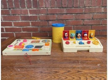 1980s & 1970s Collectible Toys, F.P. Activity Center Busy Box & C.G. Pop N' Pals & Shape Block Sort(lot Of 3)