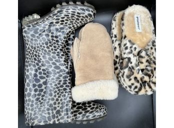 Cheetah Print Rain Boots (Size 6), Plush Snow Gloves & Plusheez Leopard Print Slippers - NEVER WORN