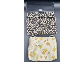 Handbag, Nine West Leopard Print Clutch Wallet, Leopard Print Fold Wallet, Avon Gld. Tn. Satin Bag (Lot Of 3)